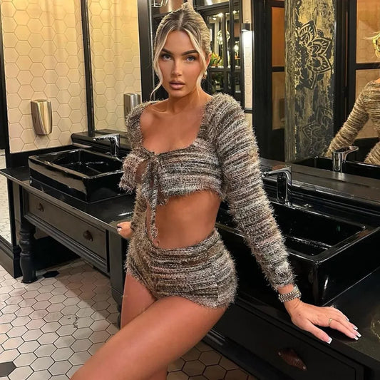 Two-Piece Knit Set Cardigan Khaki / S