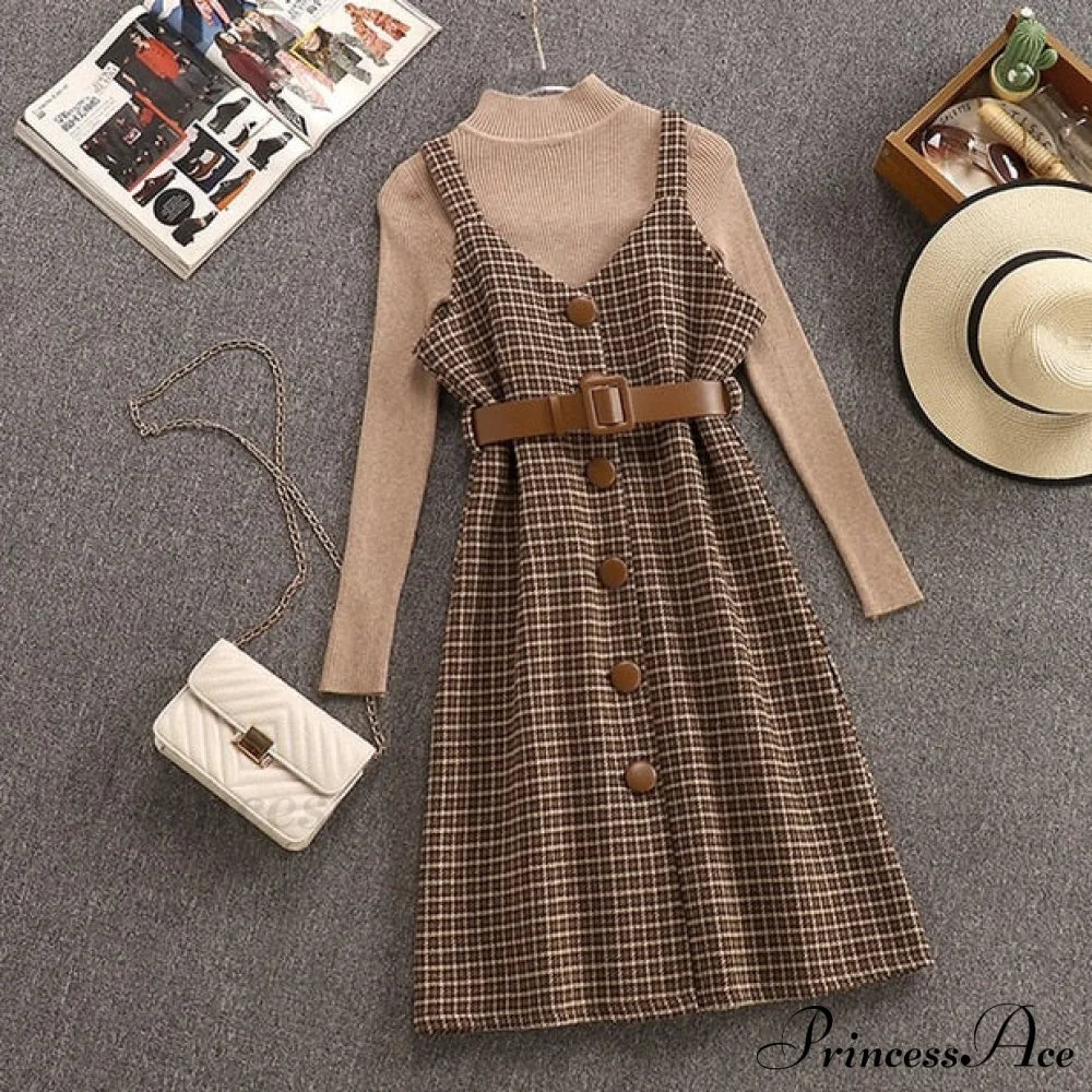 Two Winter Knee-Length Vestidos Autumn Plus Party Women Fashion Elegant Wool Piece Belt Gown