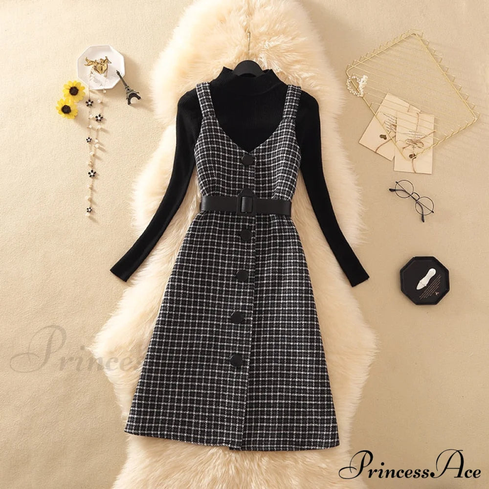 Two Winter Knee-Length Vestidos Autumn Plus Party Women Fashion Elegant Wool Piece Belt Gown