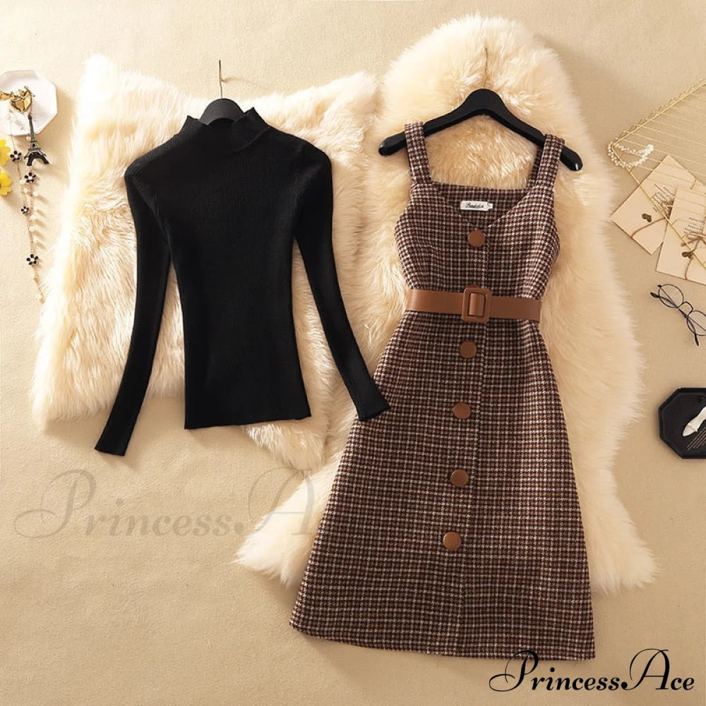 Two Winter Knee-Length Vestidos Autumn Plus Party Women Fashion Elegant Wool Piece Belt Gown