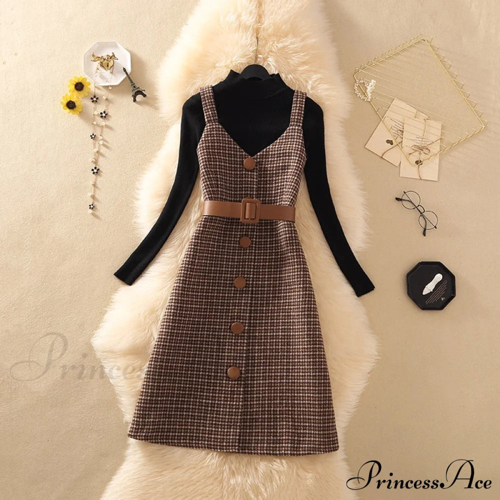 Two Winter Knee-Length Vestidos Autumn Plus Party Women Fashion Elegant Wool Piece Belt Gown