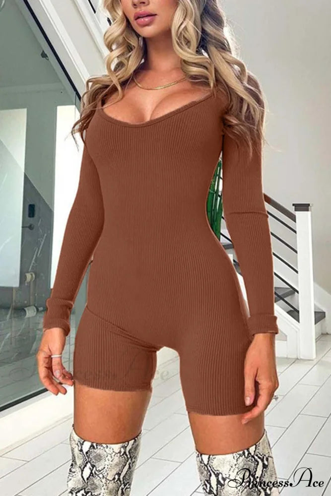 U Neck Bodycon Rompers - Long Sleeve Brown / L