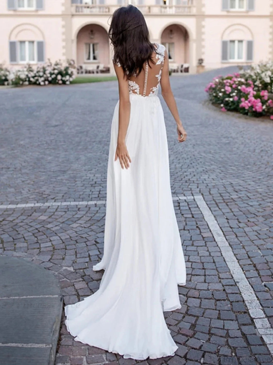 U-Neck Long Sleeve Backless Wedding Dress lvory white / 2 weddingdress-250223
