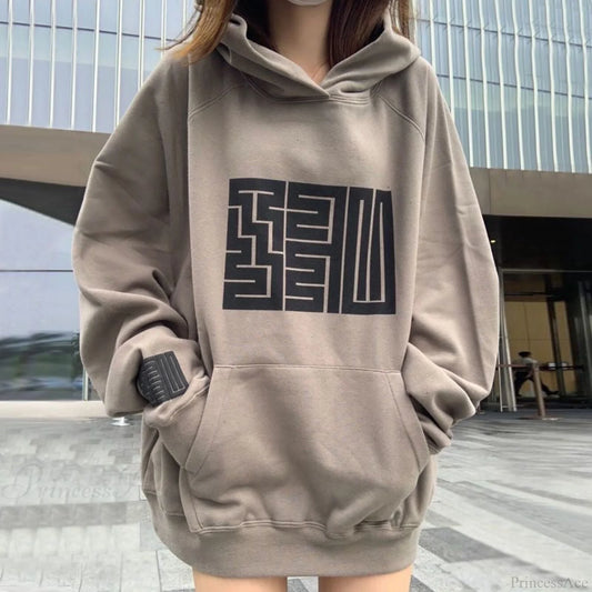Oversize Graphic Print Hoody Pullover Grey / M