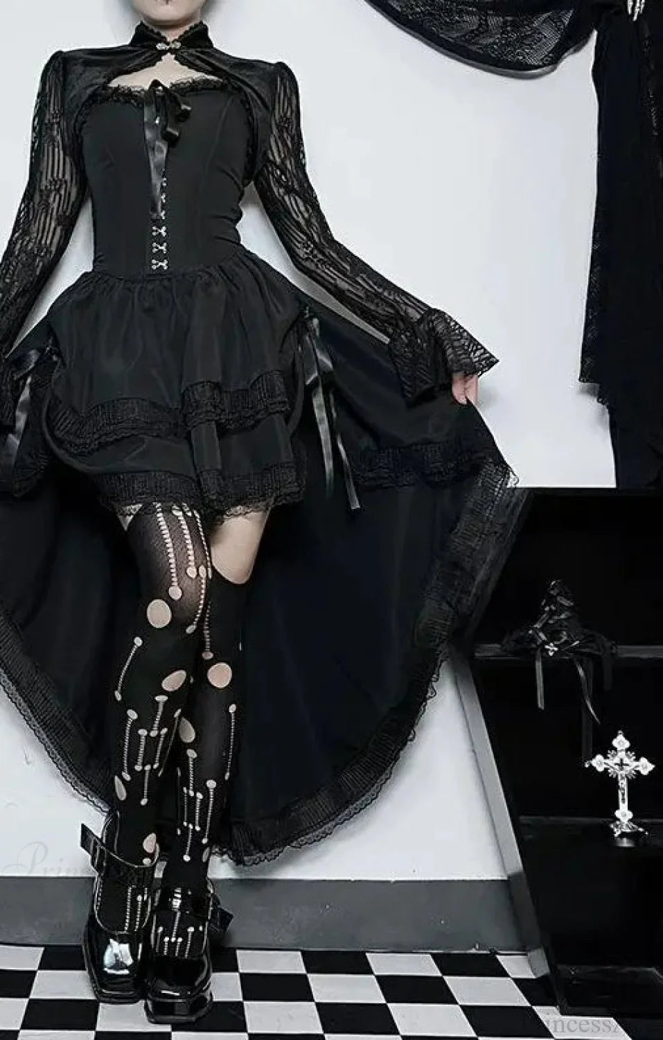 Uneven Folded Lace Black Midi Dress