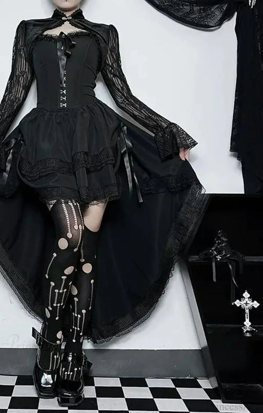 Uneven Folded Lace Black Midi Dress