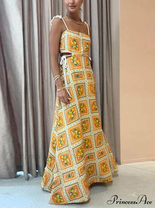 Unique Lemon Stylish Print Strappy Dress Dresses