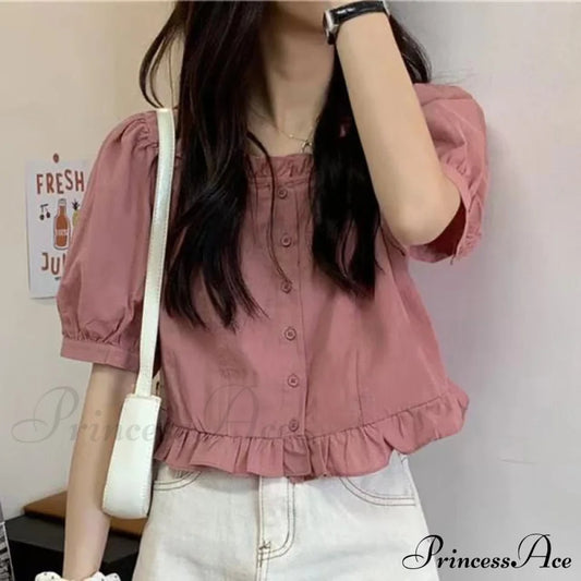 Up Cute Ruffles Women’s Waist Button Blouse Clothing High Puff Youth Crop Warm-Season Top White