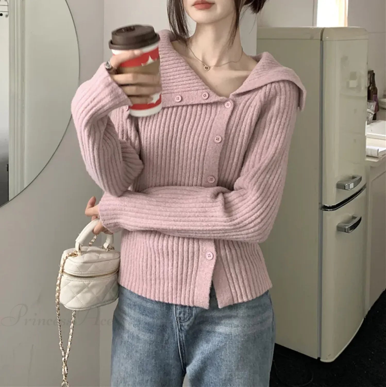 utton Off Shoulder Gray Sweater Pink / One Size