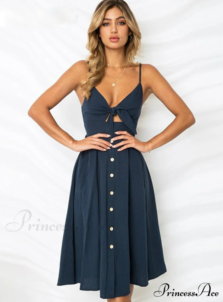 V Backless Midi Length Tunic Beach Dress S / Blue Dresses