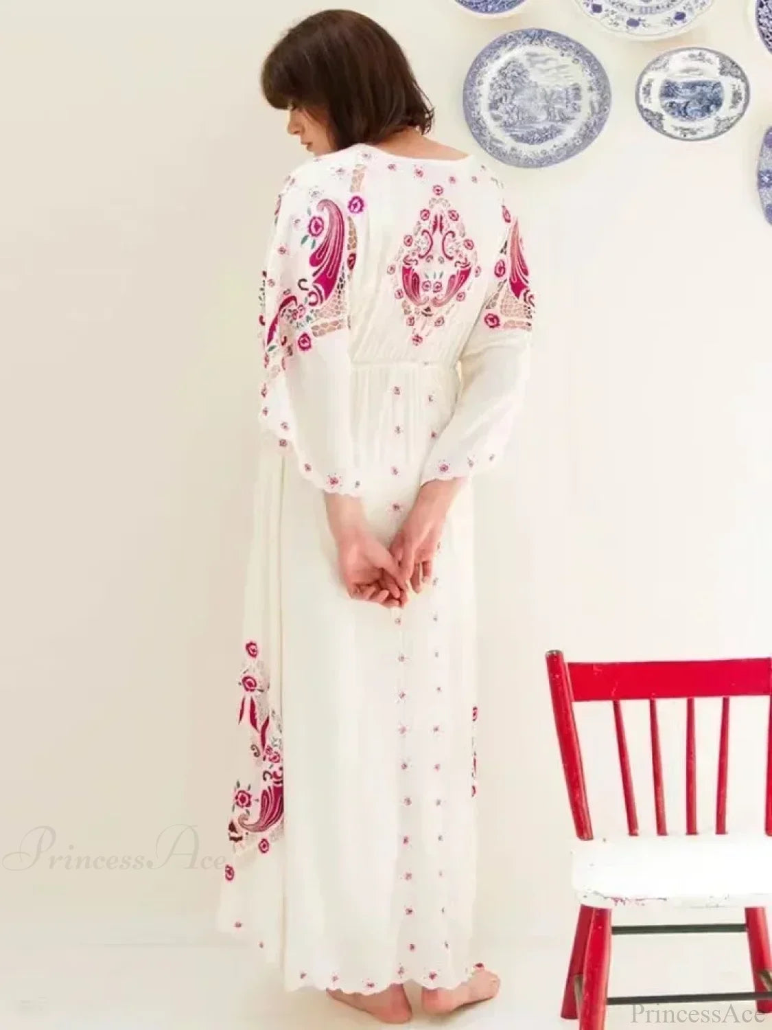 V Collar Embroidery Oversized Casual Cotton Boho Dress bohodress-250126