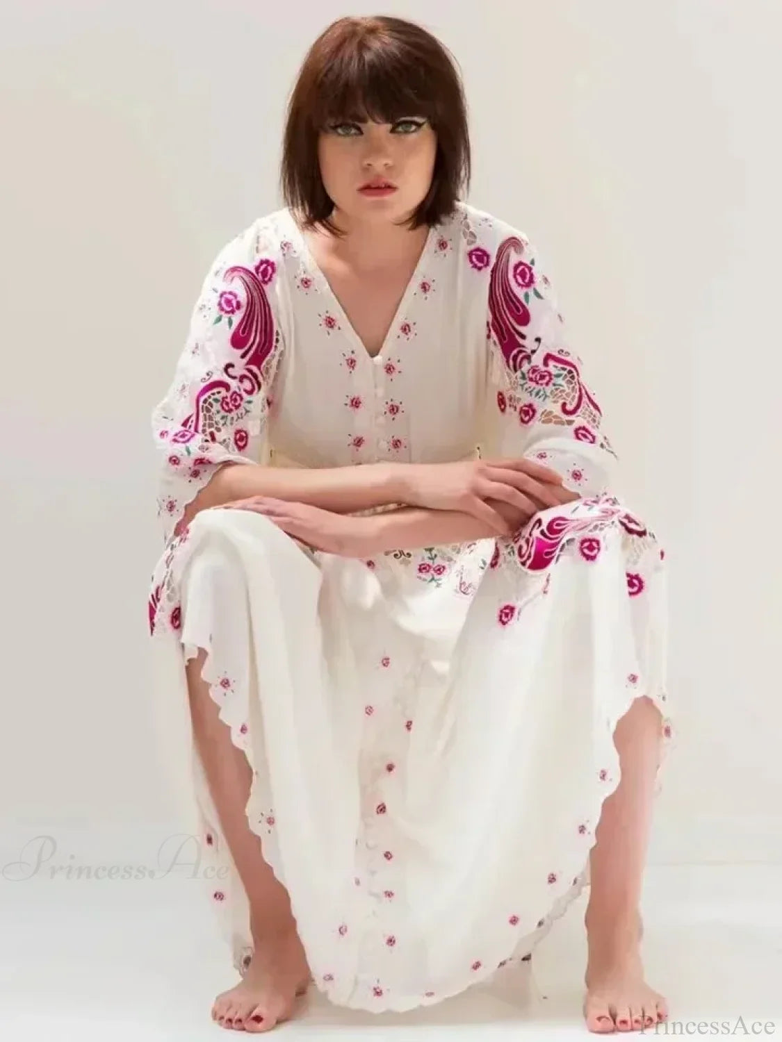 V Collar Embroidery Oversized Casual Cotton Boho Dress bohodress-250126