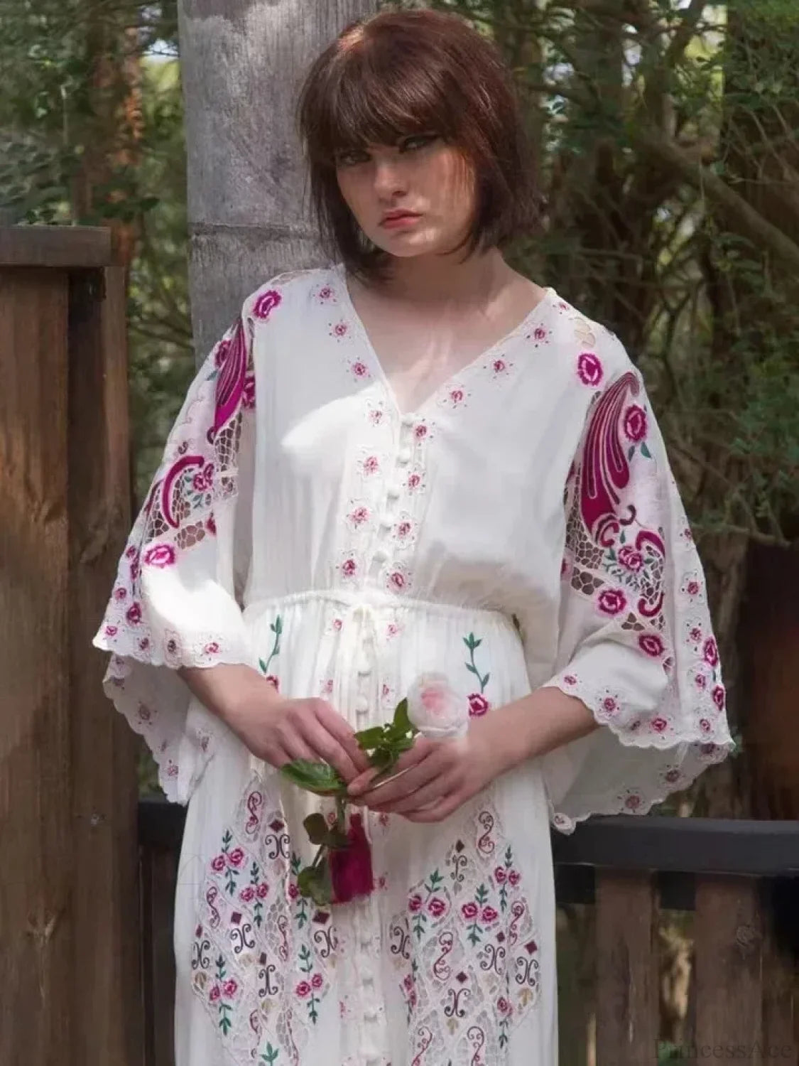 V Collar Embroidery Oversized Casual Cotton Boho Dress bohodress-250126