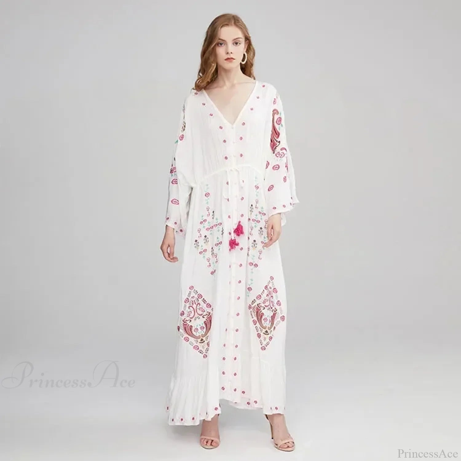V Collar Embroidery Oversized Casual Cotton Boho Dress WHITE / S bohodress-250126