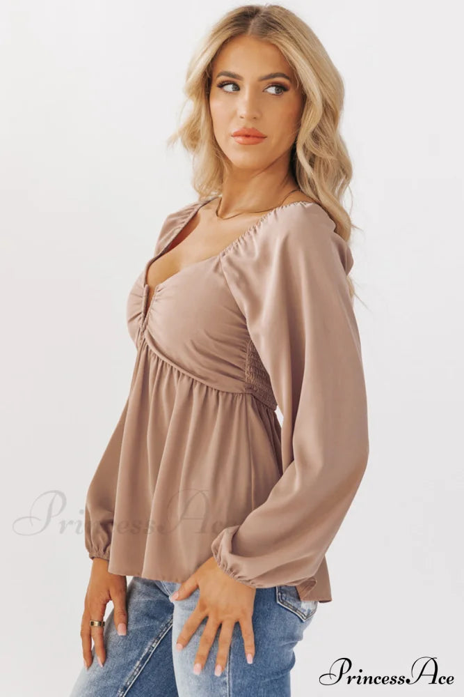 V-Neck Back Smocked Peplum Blouse In Orange Tops