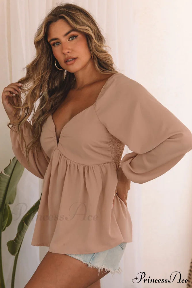 V-Neck Back Smocked Peplum Blouse In Orange Tops