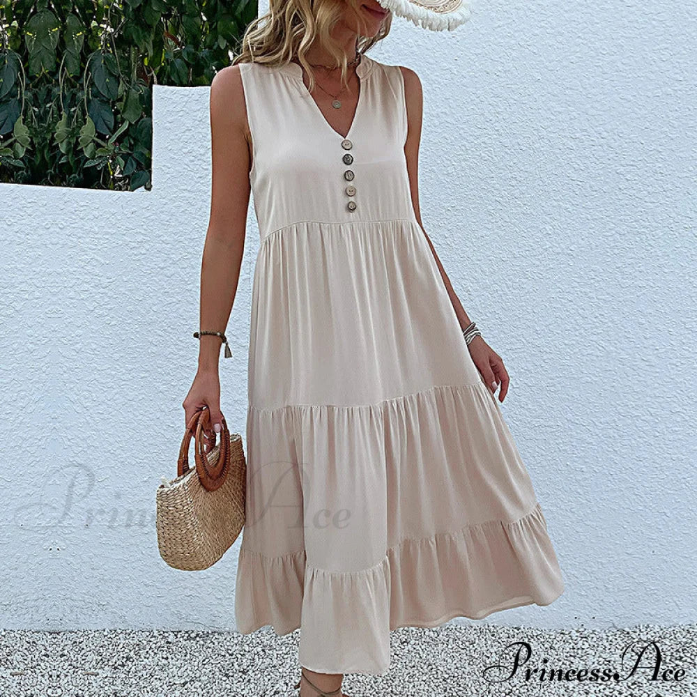 V Neck Button Layered Hem Smock Dress M / Blue Button Ruffles Maxi Dress