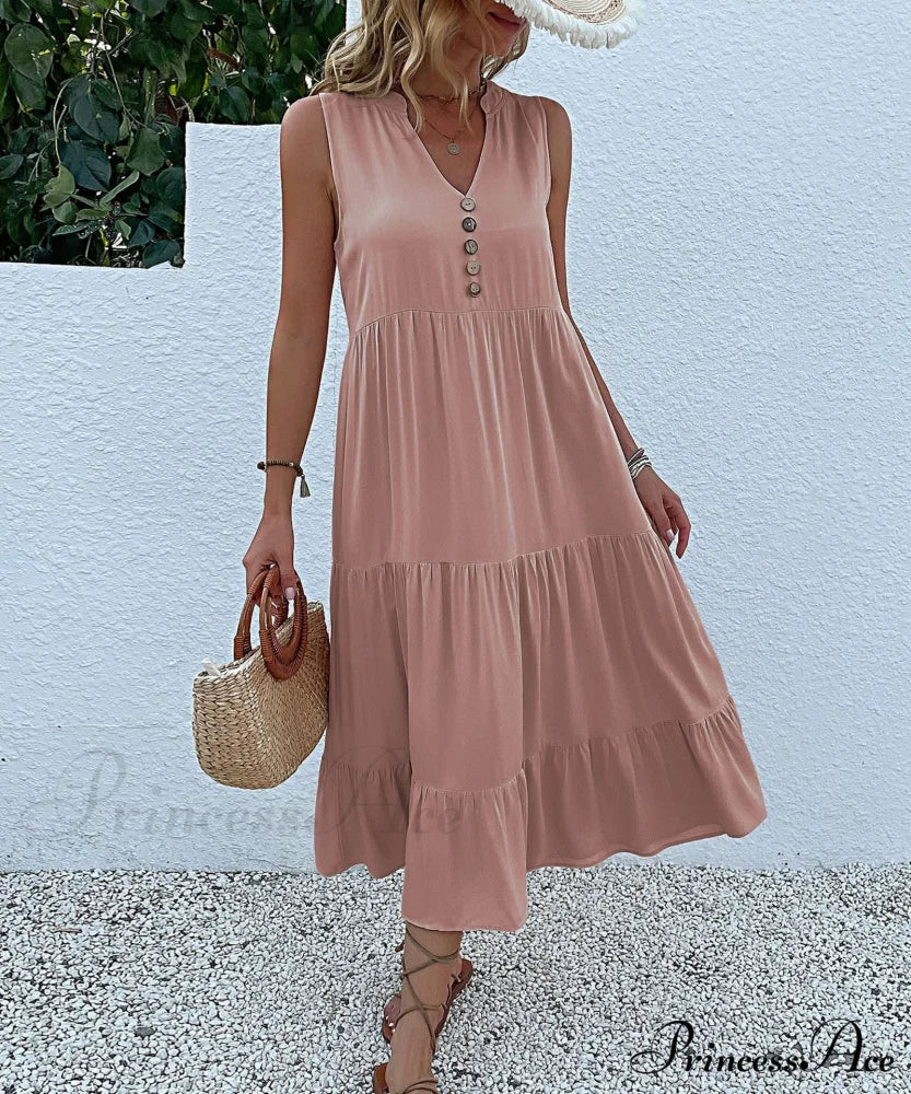 V Neck Button Layered Hem Smock Dress M / Green Button Ruffles Maxi Dress