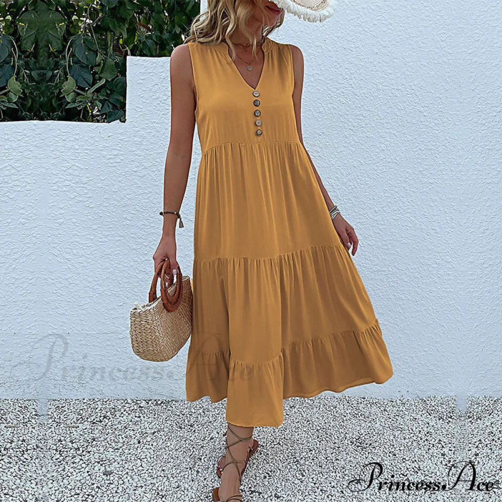 V Neck Button Layered Hem Smock Dress S / Coffee Button Ruffles Maxi Dress