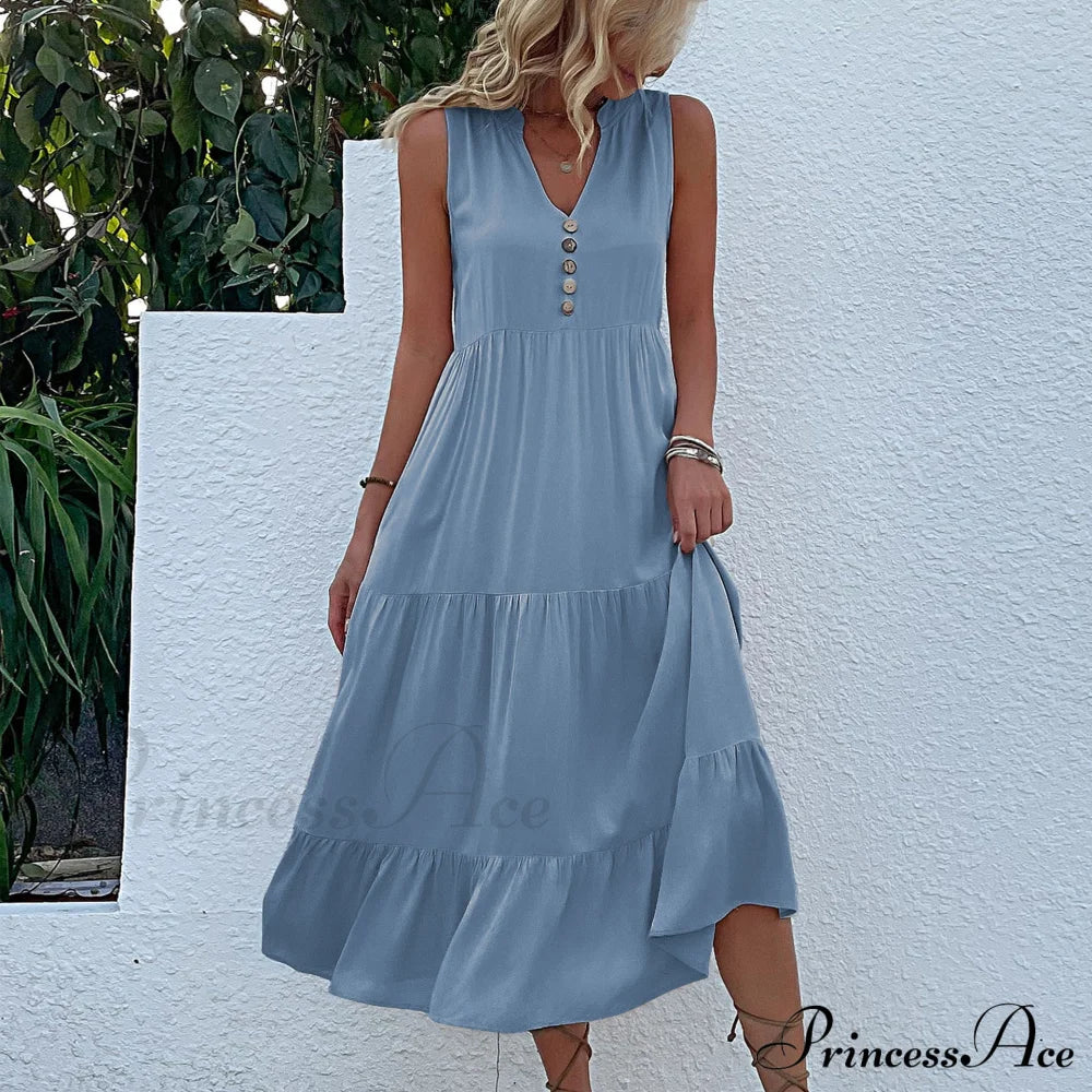 V Neck Button Layered Hem Smock Dress S / Gary Button Ruffles Maxi Dress