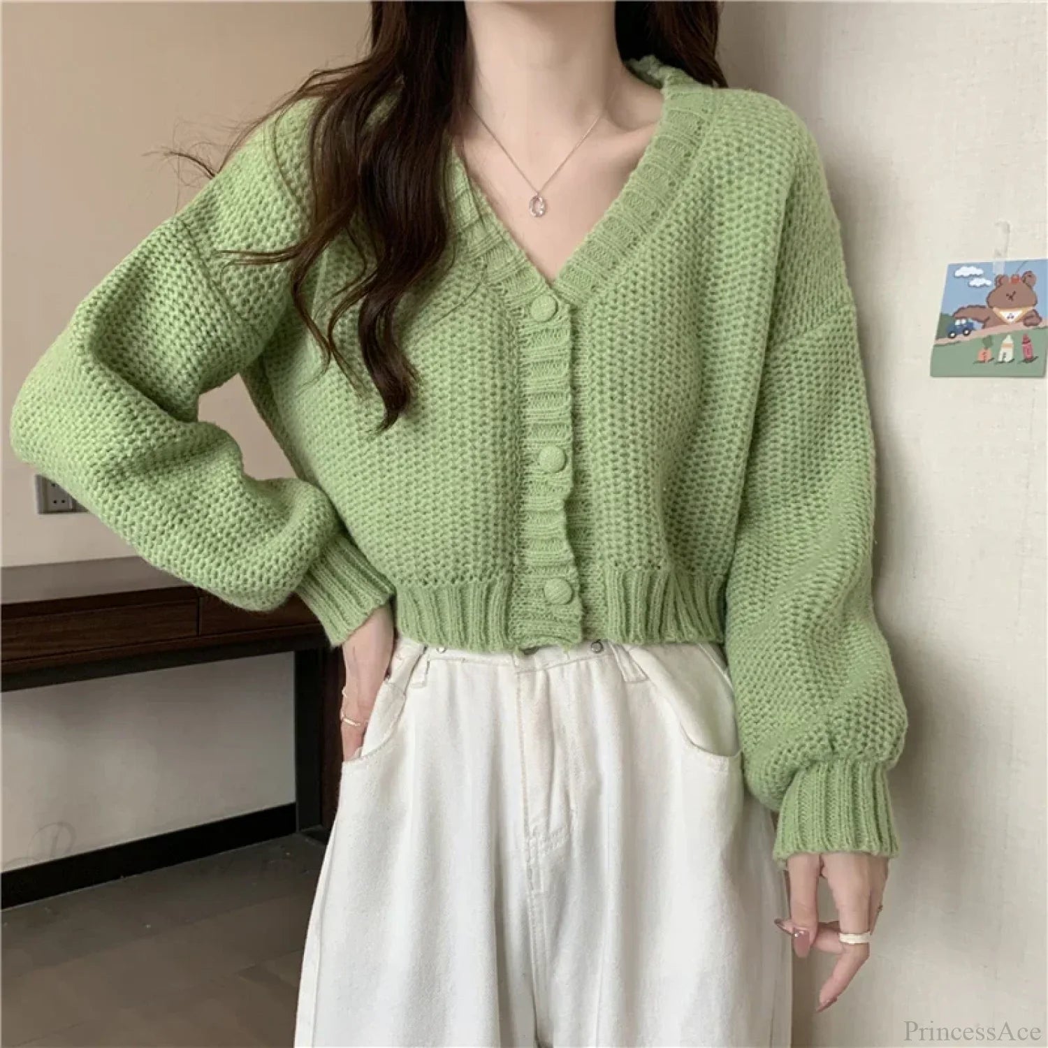 V-neck Button-Up Knit Cardigan GREEN / One Size