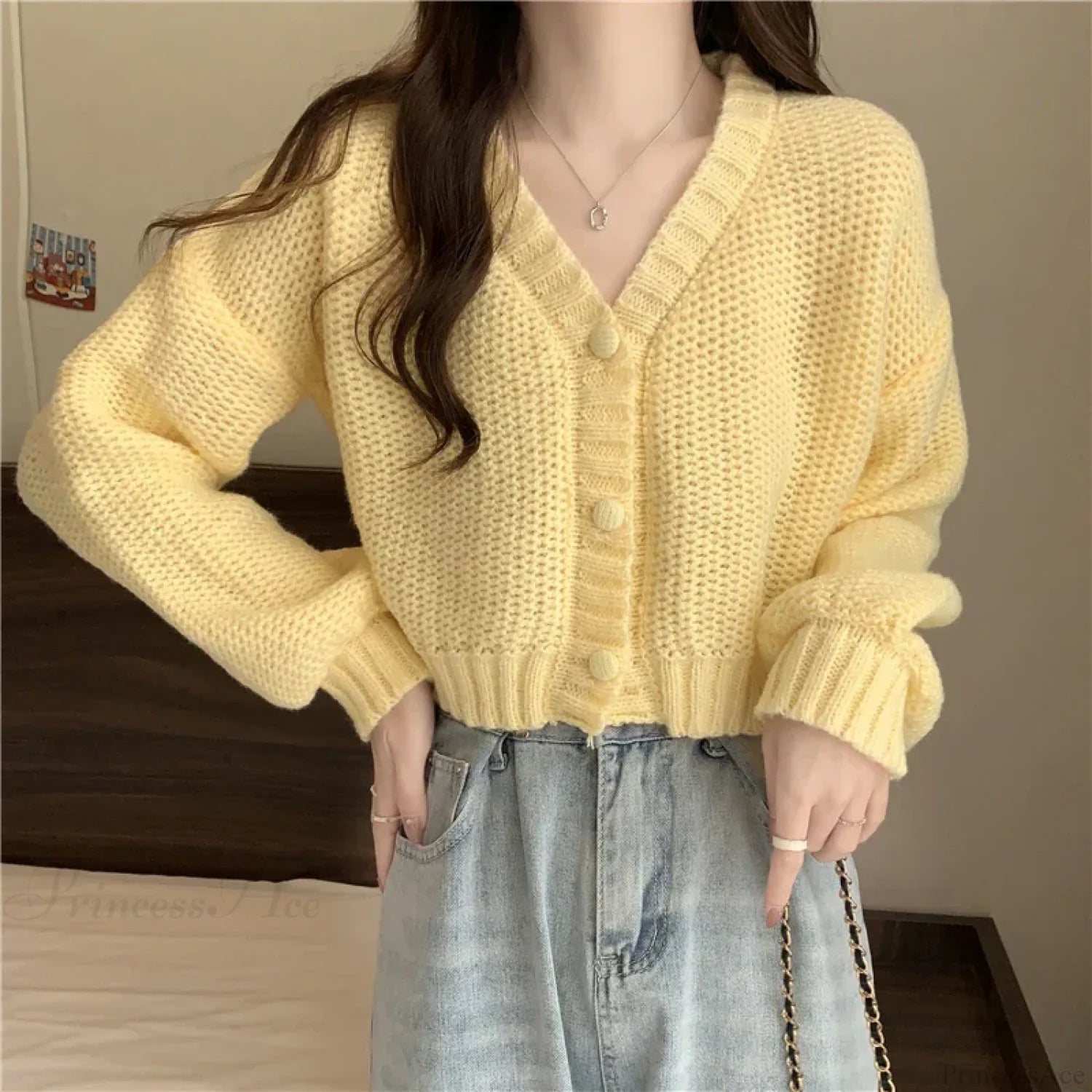 V-neck Button-Up Knit Cardigan YELLOW / One Size
