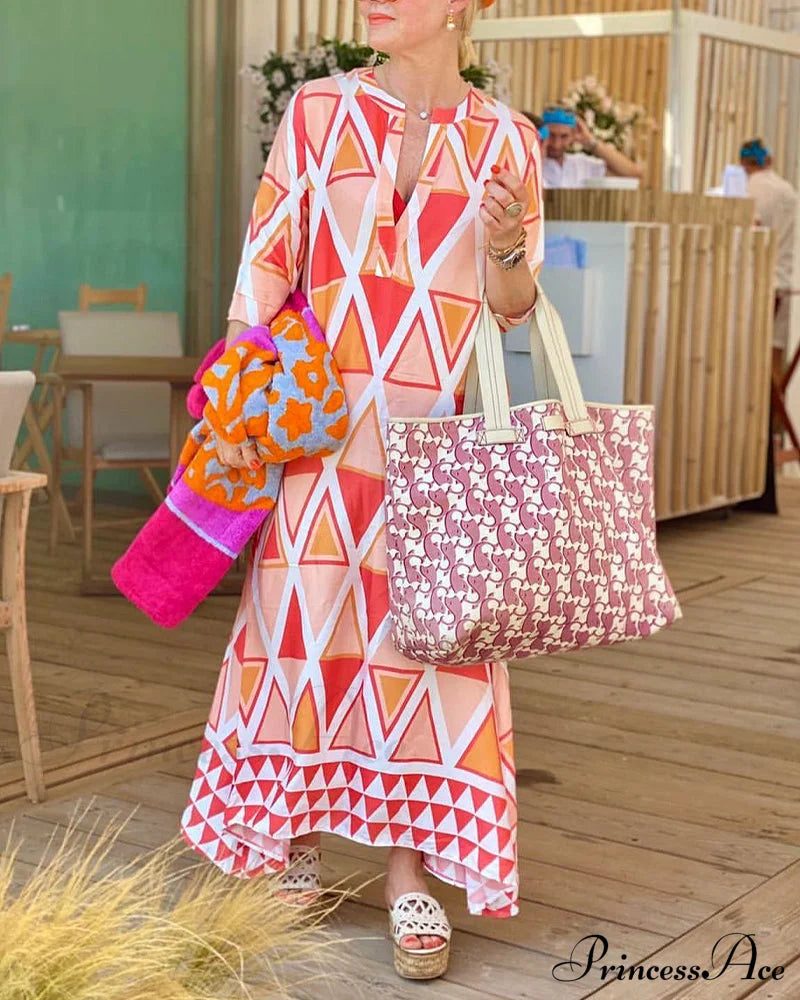 V-Neck Casual Dress With Geometric Print Casual Dresses
