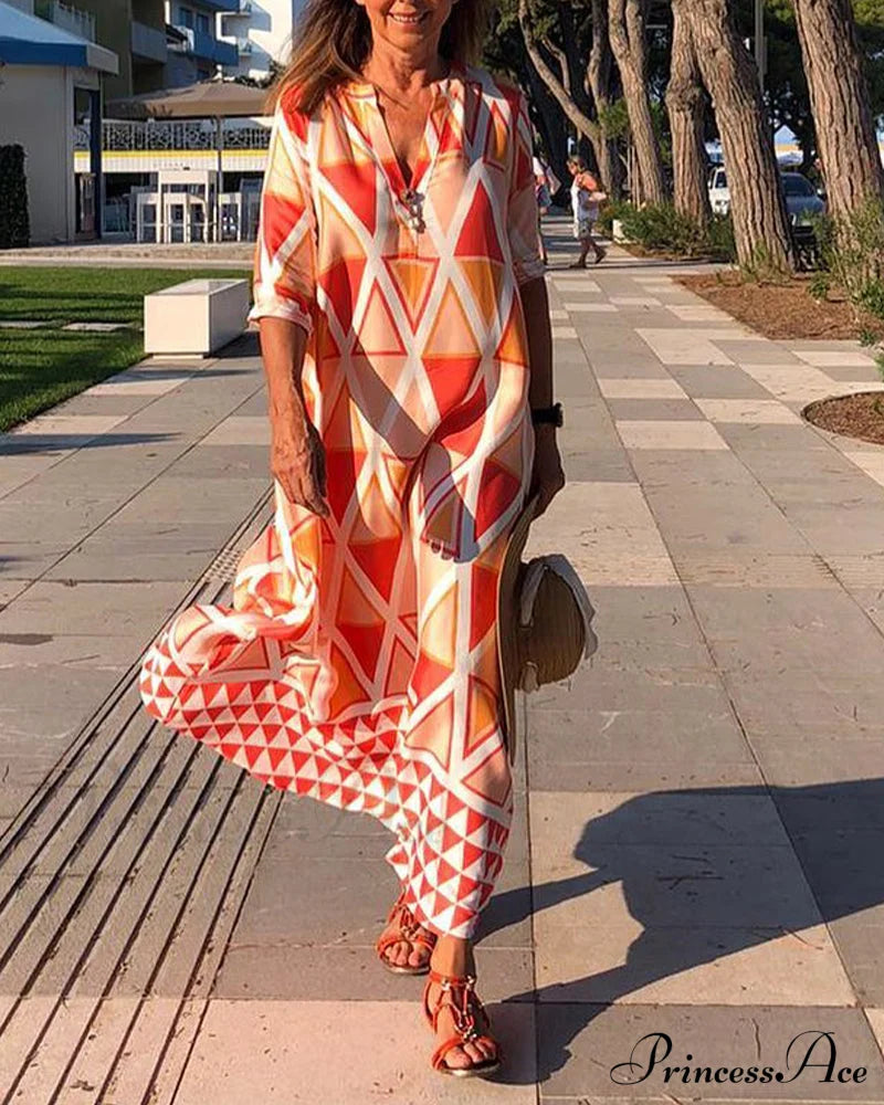 Geometric print v-neck casual dress Red Casual Dresses Clothes Dresses SALE Spring Summer