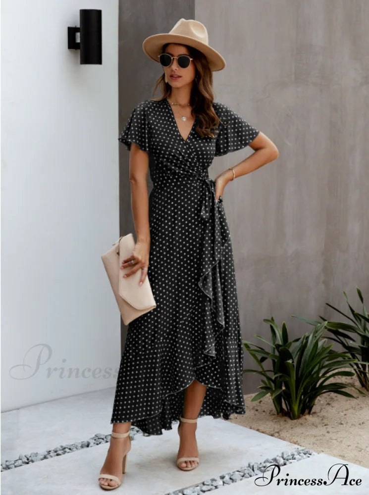V-Neck Coastal Vacation Dot Polka Short-Sleeved Warm-Season Ruffle For Gown Women M / Black Dresses