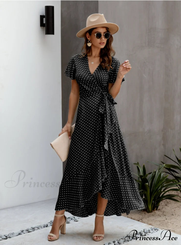 V-Neck Coastal Vacation Dot Polka Short-Sleeved Warm-Season Ruffle For Gown Women S / Black Dresses