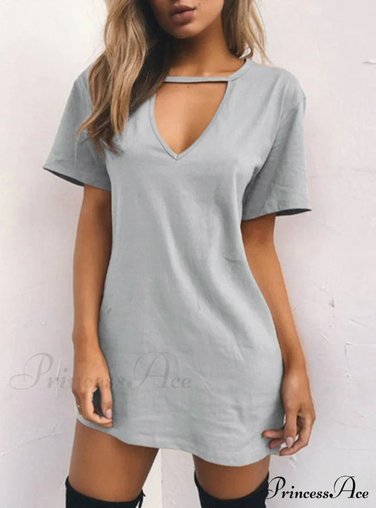 V Neck Cotton Summer Dress Women Solid Casual Loose M / Pink Dresses