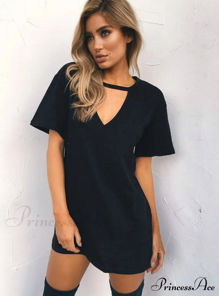 V Neck Cotton Summer Dress Women Solid Casual Loose S / Black Dresses