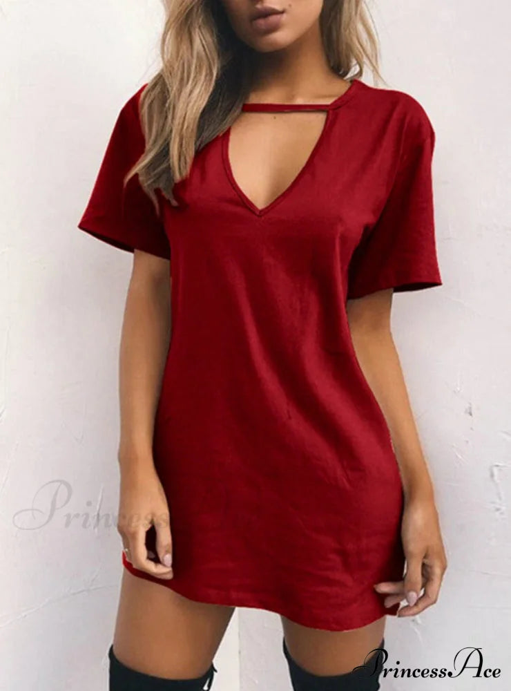 V Neck Cotton Summer Dress Women Solid Casual Loose S / Gray Dresses