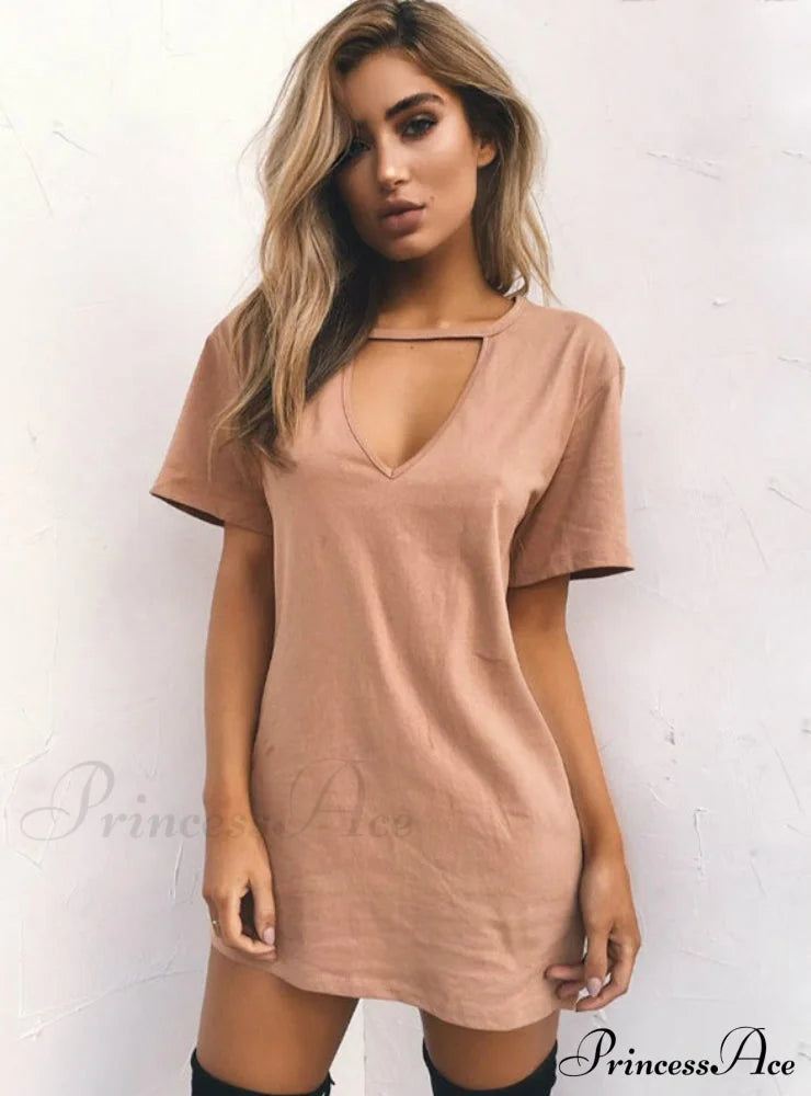 V Neck Cotton Summer Dress Women Solid Casual Loose S / Pink Dresses