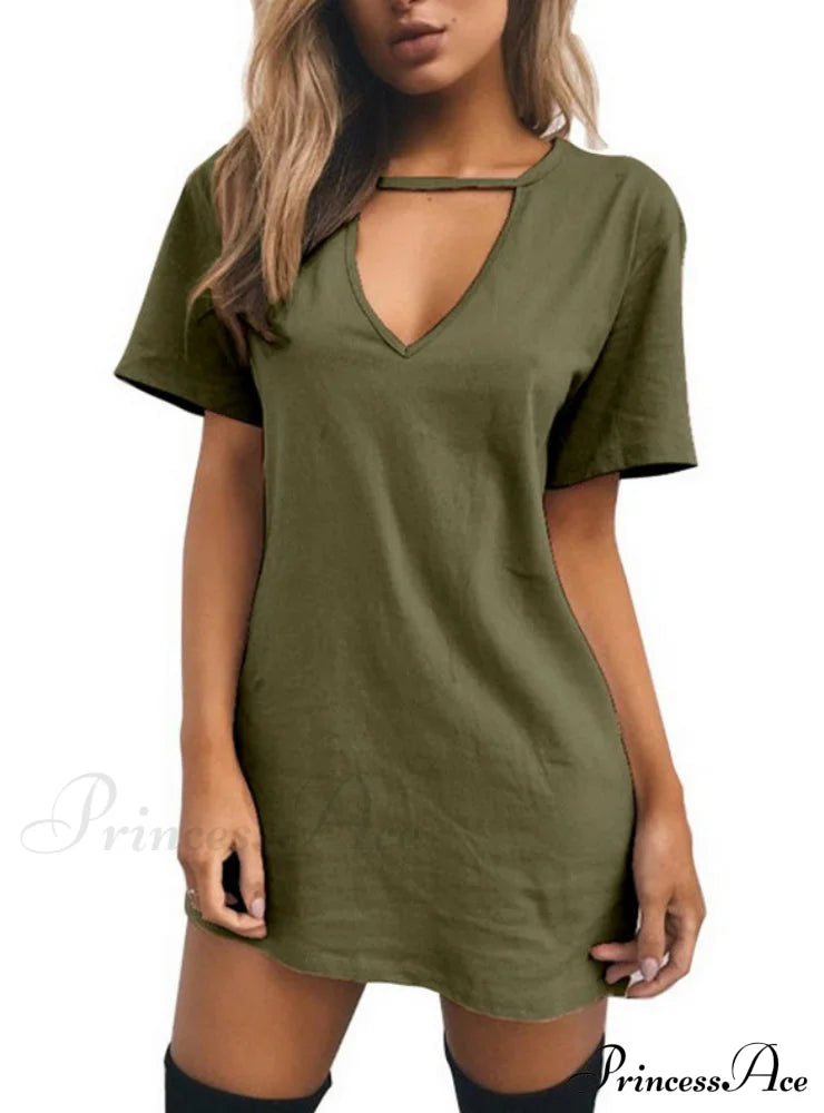 V Neck Cotton Summer Dress Women Solid Casual Loose S / White Dresses