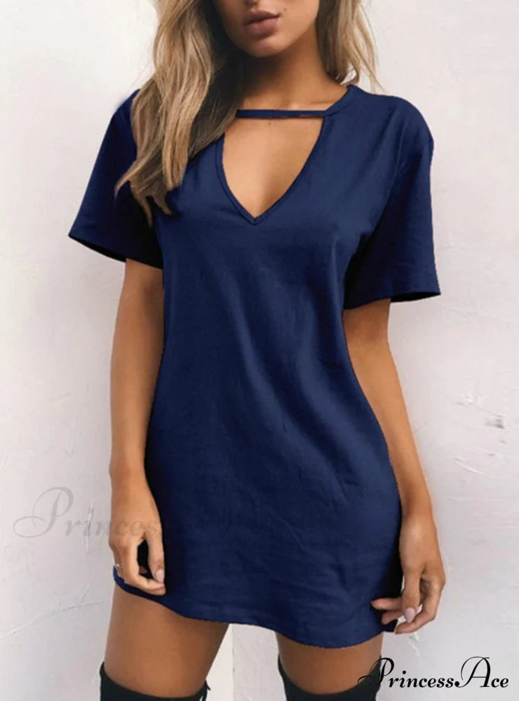 V Neck Cotton Summer Dress Women Solid Casual Loose S / Wine Red Dresses