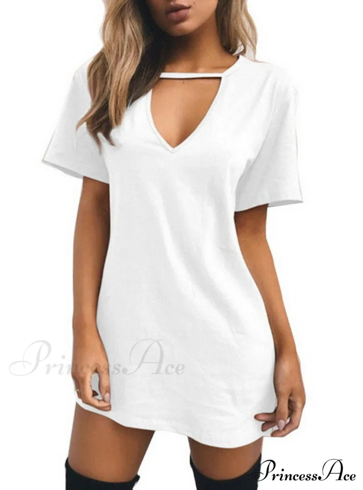 V Neck Cotton Summer Dress Women Solid Casual Loose S / Yellow Dresses