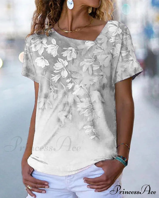 V-Neck Design Flowered T-Shirt T-Shirts