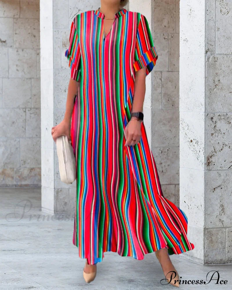 V-Neck Dress In Stripe Print - Colorful Casual Dresses