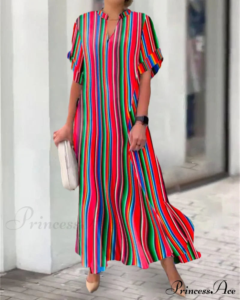 V-Neck Dress In Stripe Print - Colorful Casual Dresses