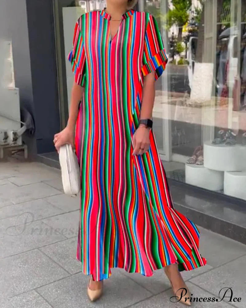 Colorful V-neck Dress in Stripe Print Red 23BF Casual Dresses Clothes Dresses Spring Summer