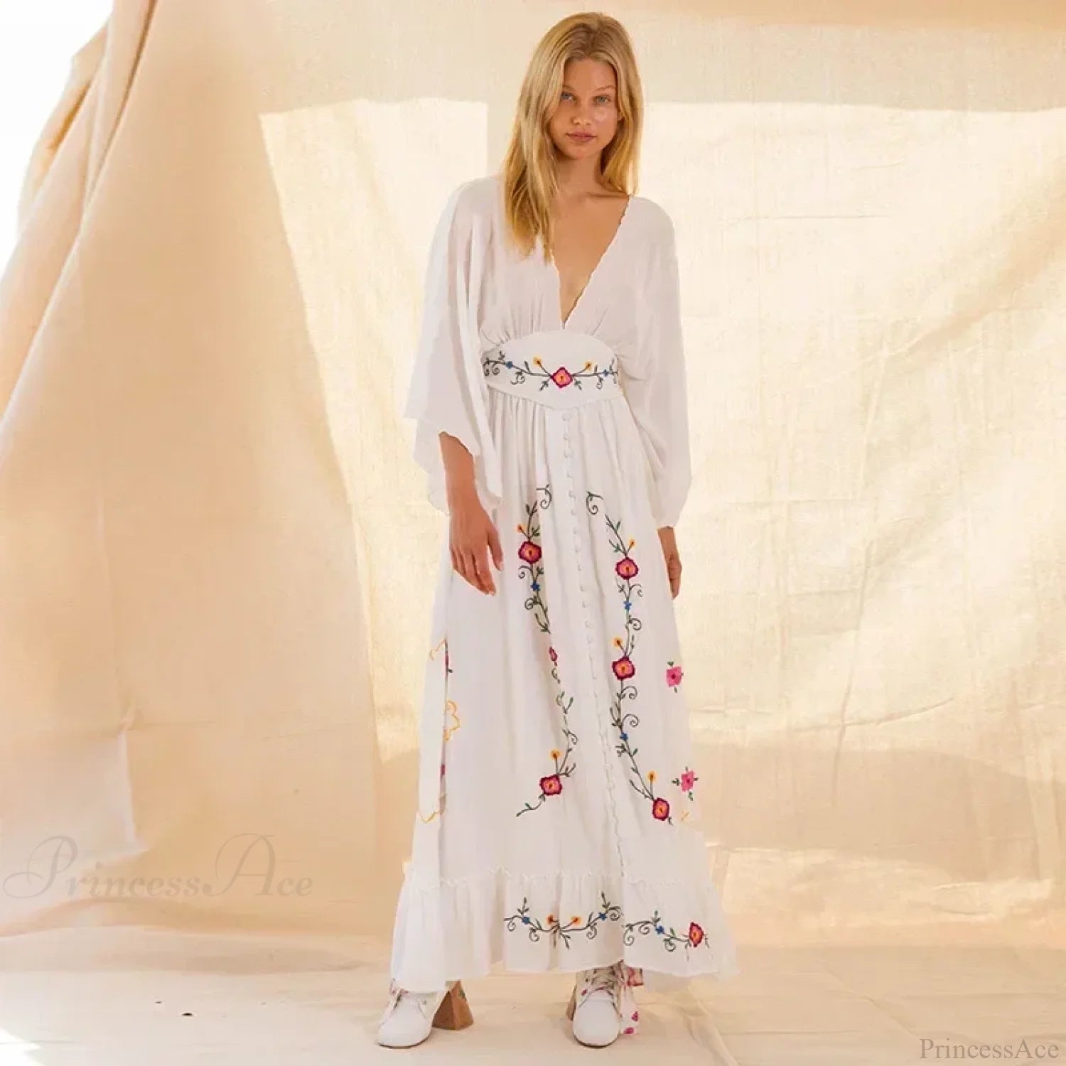 V-neck Embroidery Flower Retro National Boho Dress bohodress-250126