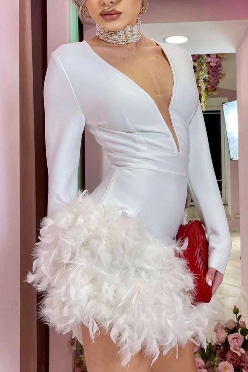 V Neck Feather Pack Mini Dress Dresses