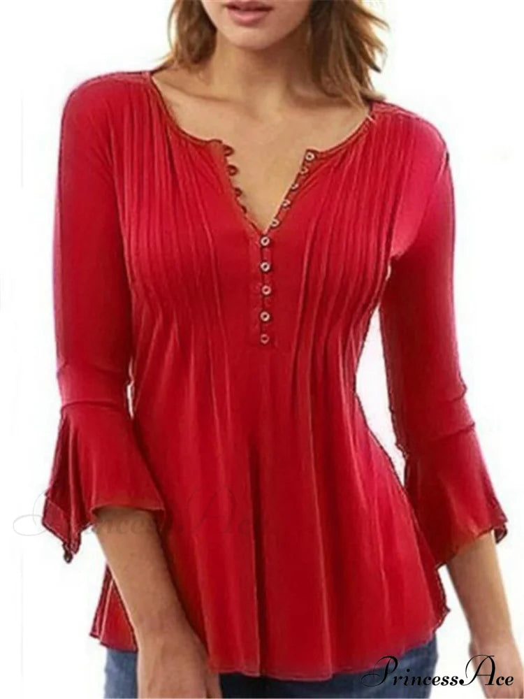 V-Neck Flared Plain Folded In Blouse Arm Women’s Color Red / S Tops