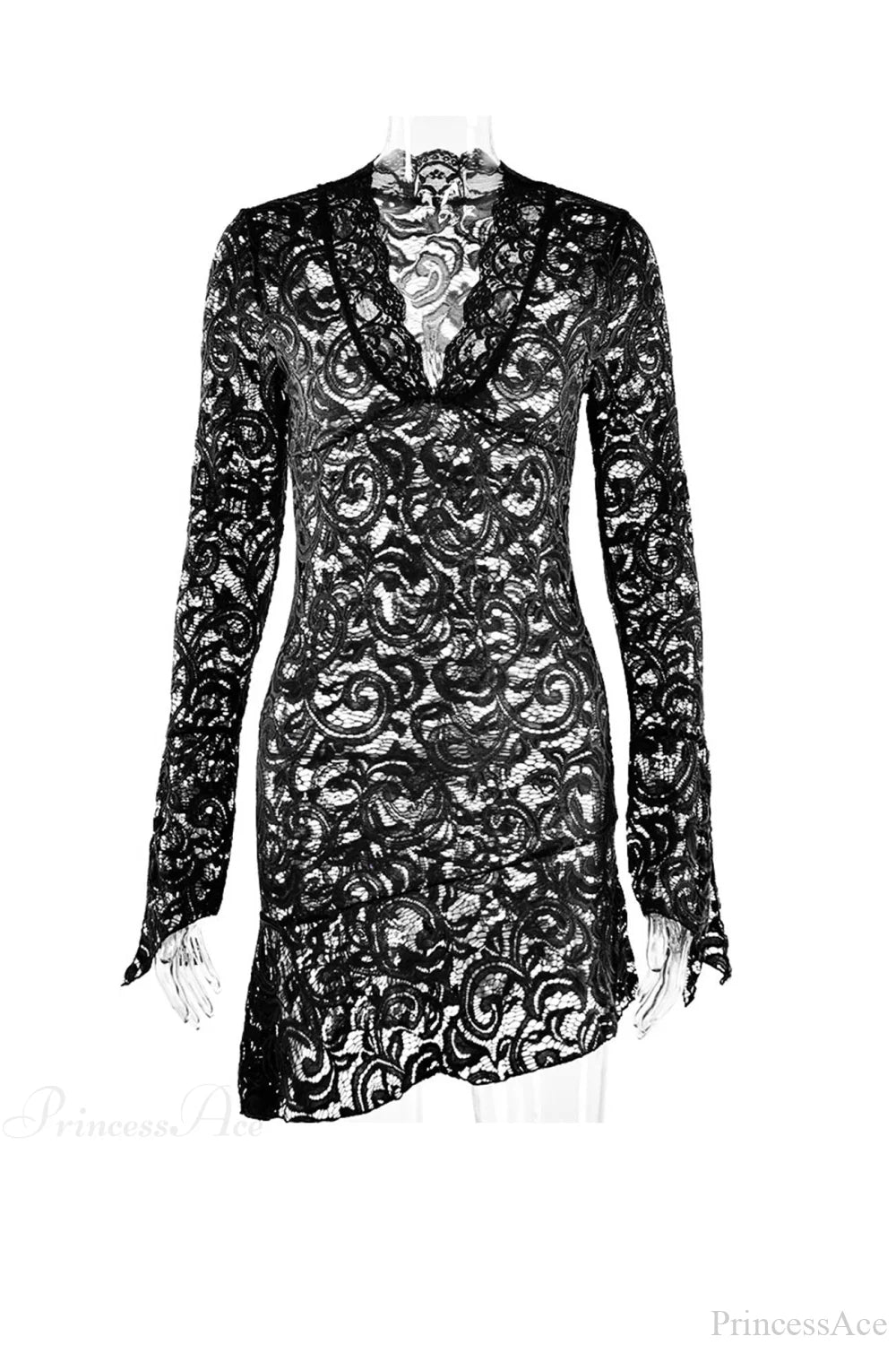 V Neck Flares Sleeve Lace Dress Black / S Mini Dresses