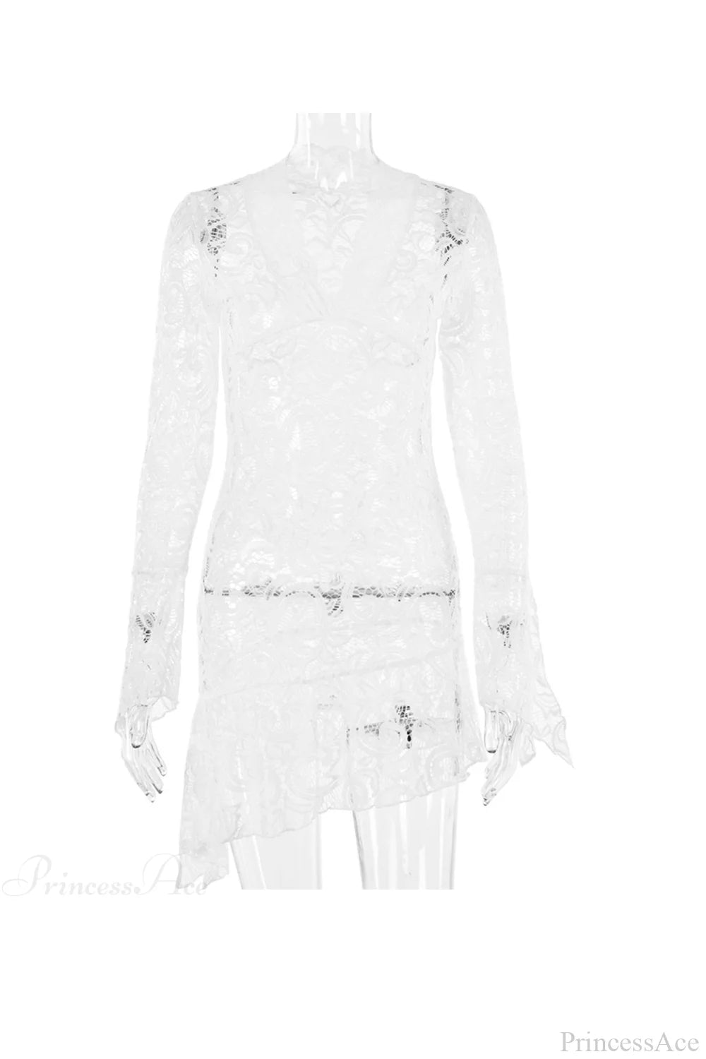 V Neck Flares Sleeve Lace Dress White / S Mini Dresses