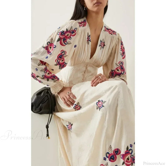 V-neck Floral A-line Lantern Sleeve Cotton Boho Dress bohodress-250126