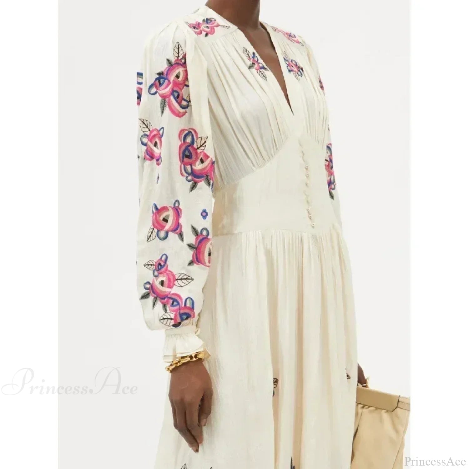 V-neck Floral A-line Lantern Sleeve Cotton Boho Dress bohodress-250126