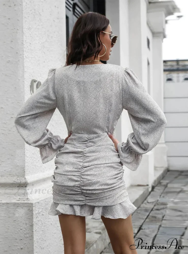 V-Neck Flounce Printed Chiffon Dress With Pleats L / Burgundy Dresses