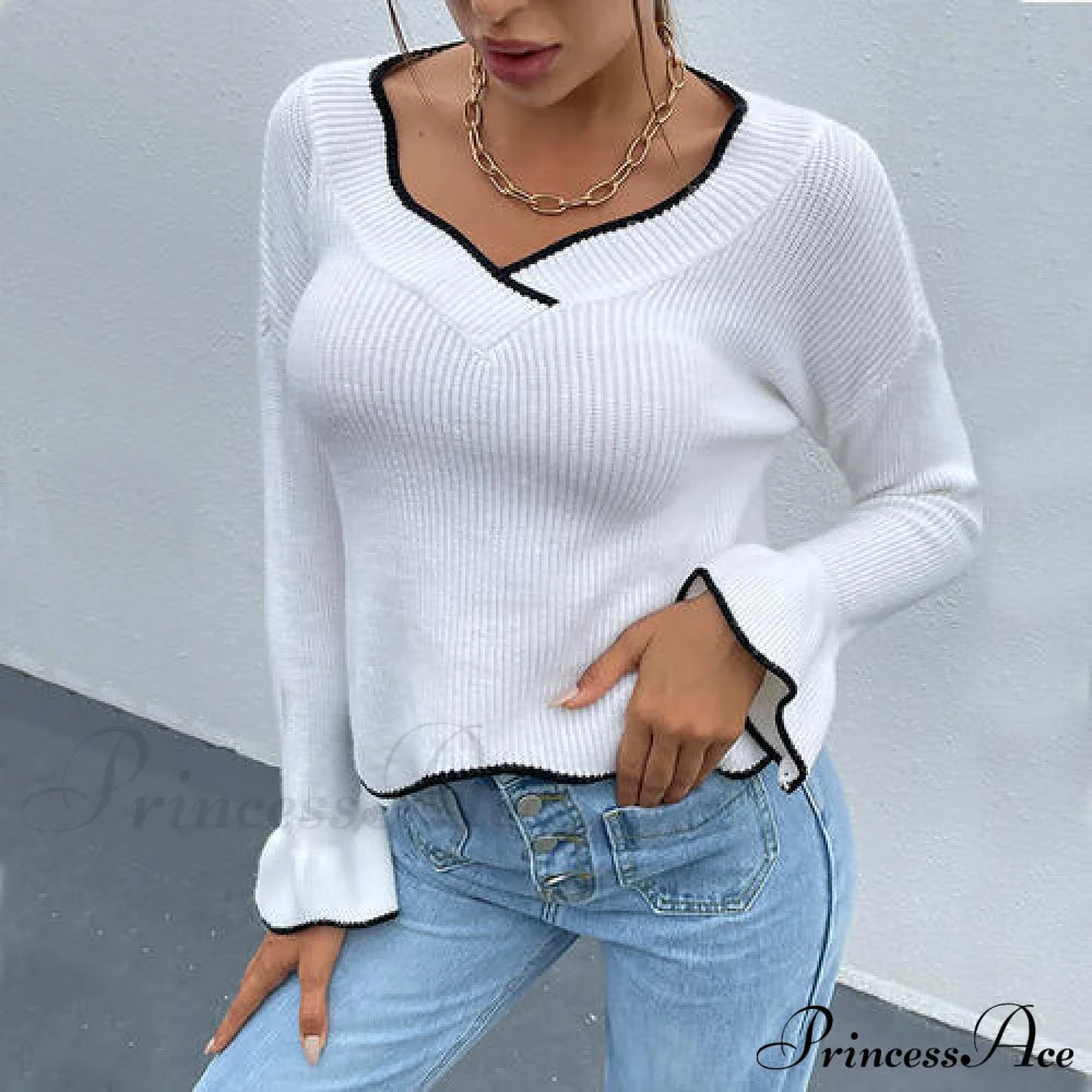 V-Neck Flounce Sweater With Sleeves